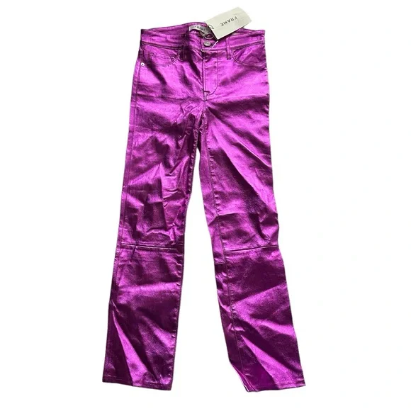 Frame Denim Metallic Pink Magenta Purple Straight Leg Leather Pants 24 XS - Picture 1 of 11
